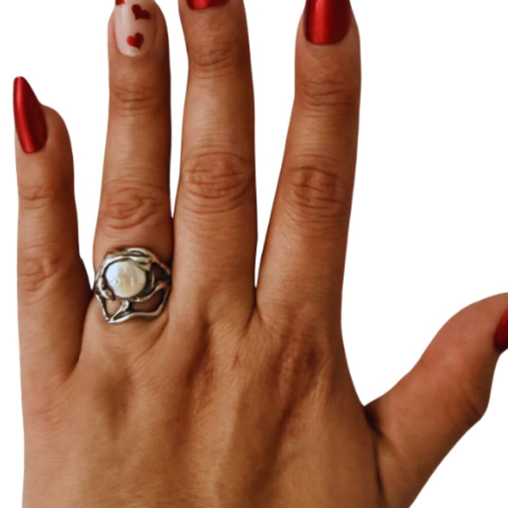 ✨ Brutalist Silver Statement Ring | Baroque Pearl | Size 7 | Bold & Unique ✨